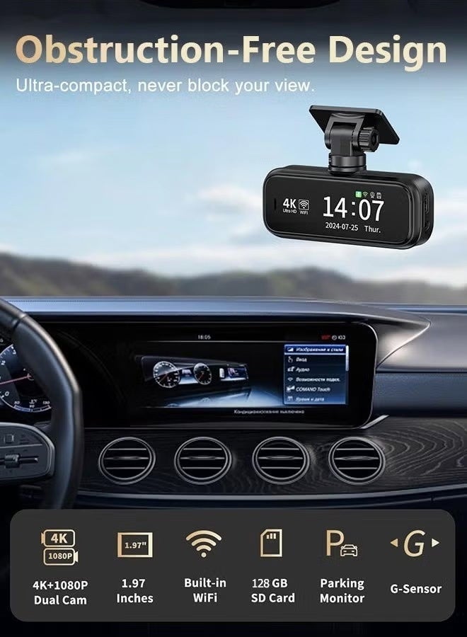 Makrystorm 4K Dash Cam For Car 3840*2160P Dual Lens Support 1080P Rear Camera,G-Sensor, Loop Recording,WIFI GPS 24H Parking Monitoring,Night Vision,With 128GB SD Card - Image 2